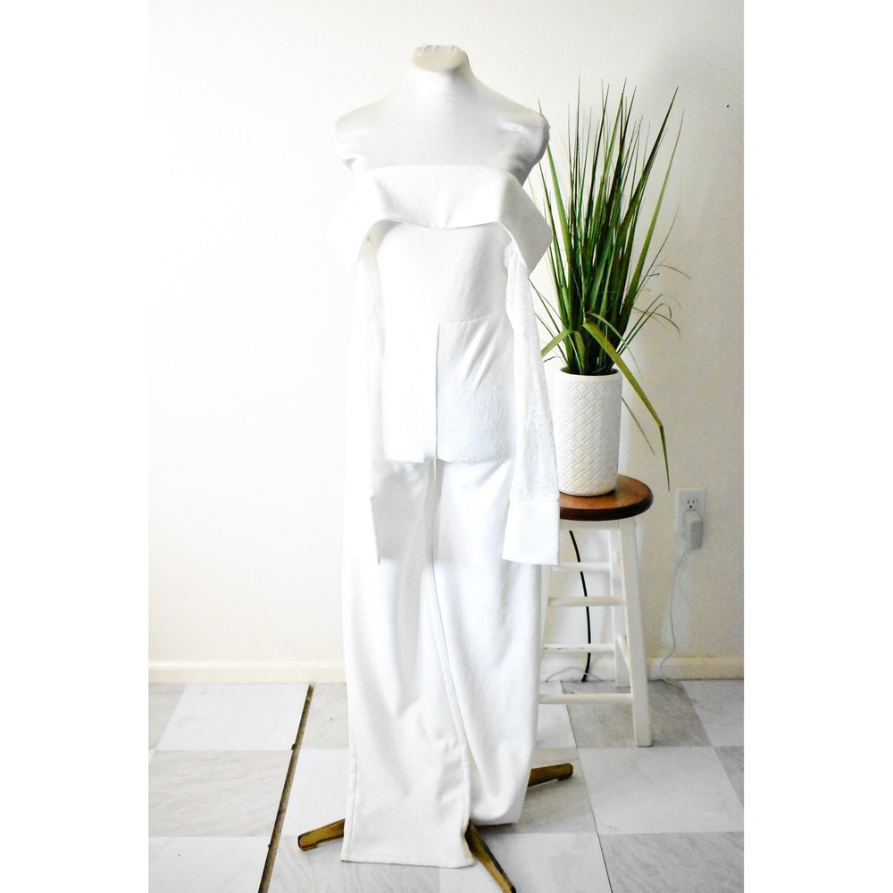 Misspap Jumpsuit Women Size 4 White Modern Lace Sleeve Floral Jacquard Wide Leg